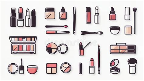 An illustration showcasing various makeup product categories like foundation, eyeshadow, lipstick, and brushes.