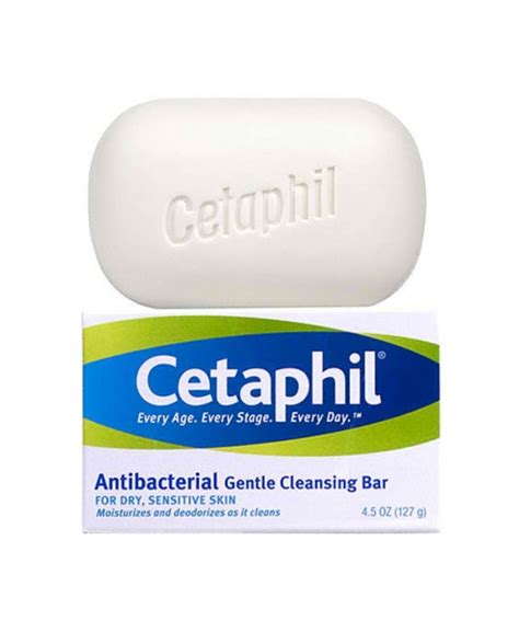 A close-up product shot of the Cetaphil Antibacterial Gentle Cleansing Bar, highlighting its texture and packaging.