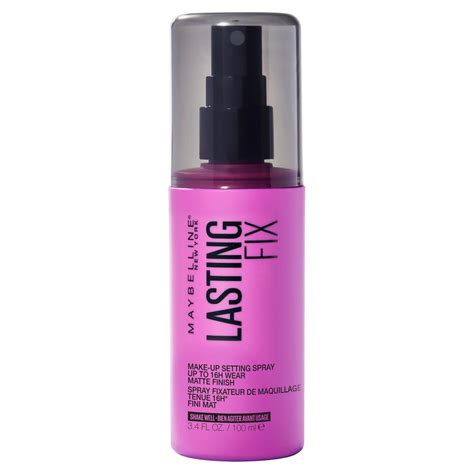 Maybelline Lasting Fix Setting Spray bottle with a fresh, natural makeup look
