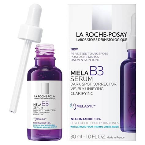 Infographic illustrating the melanin trapping mechanism of La Roche-Posay's Mela B3 serum.