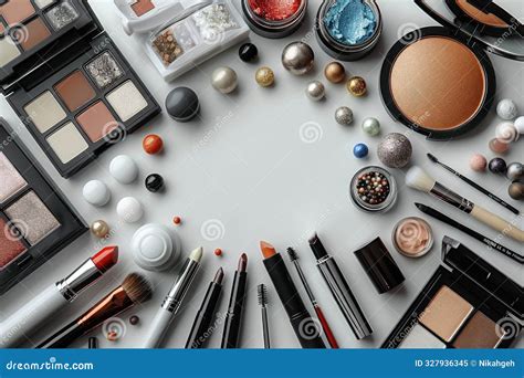An assortment of makeup products including face paints, eyeshadow, brushes, and eyeliner, neatly arranged for a tutorial.