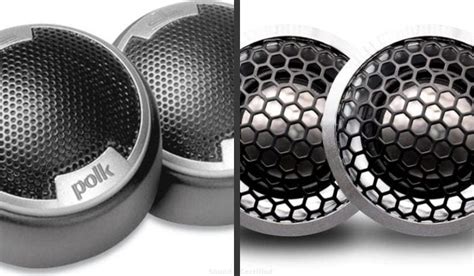 Infographic comparing the sound characteristics of silk dome and hard dome tweeters, and various woofer cone materials.