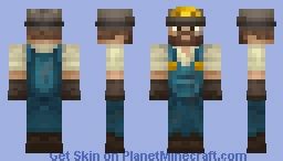 A close-up of a Minecraft character wearing a miner skin, showing details like a helmet with a light and a pickaxe.