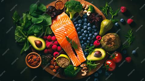 image of salmon, berries, and leafy greens