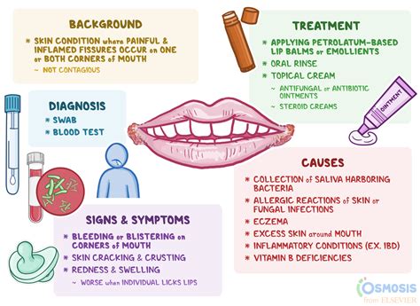 Infographic detailing various risk factors for angular cheilitis, including diabetes, nutritional deficiencies, and ill-fitting dentures.