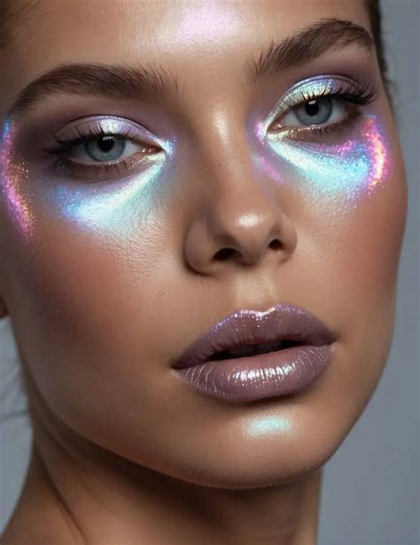 Glamorous alien makeup look with iridescent glitter and bold colors