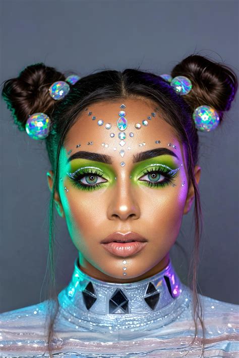 Alien makeup featuring an abundance of silver glitter and rhinestones