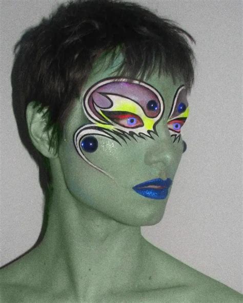 Collage of different alien makeup styles: green, glitter, metallic, neon