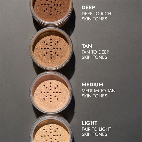 Swatches of different tinted setting powder shades on various skin tones.