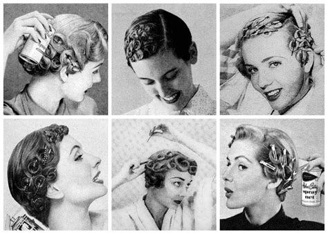 Step-by-step illustration or photo series showing how to curl and pin hair for a vintage voluminous look.