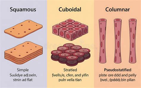 Illustration comparing the shapes of squamous, cuboidal, and columnar epithelial cells.