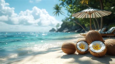 Illustration of a tropical beach scene with coconuts, evoking the scent of Sun Bum sunscreen