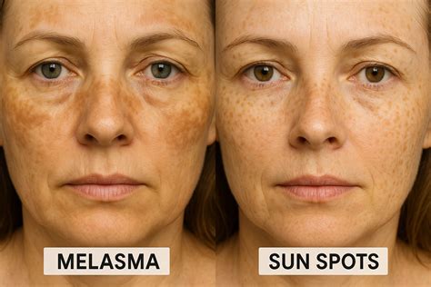 Illustration showing the difference in size and shape between sun spots and melasma patches.