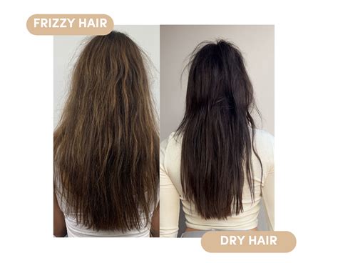 Split image showing frizzy, dry hair on one side and smooth, shiny hair on the other, with an arrow indicating the application of serum.