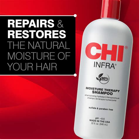 Infographic showing the benefits of CHI Infra Moisture Therapy Shampoo: moisture, softness, strength, reduced frizz.