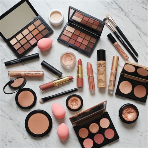 A diverse collection of makeup products, including eyeshadow palettes, eyeliners, mascaras, and brushes, arranged aesthetically.
