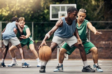 Illustration depicting men playing a casual basketball game, with some players shirtless.
