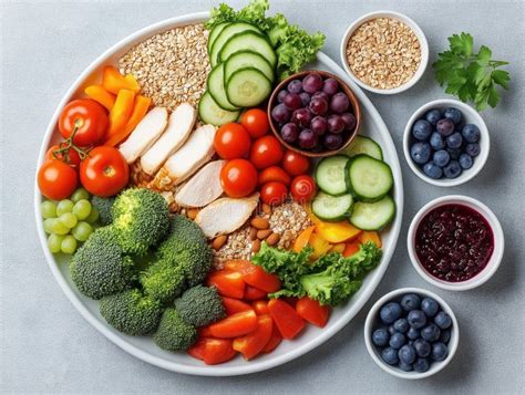 Illustration showing various nutrient-rich foods beneficial for skin health (fruits, vegetables, lean proteins, healthy fats).