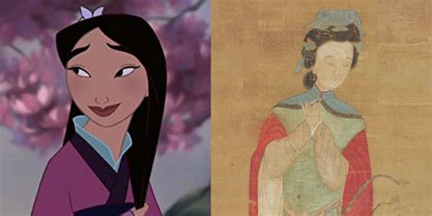 A split image showing Mulan's natural appearance and her heavily made-up look for the matchmaking ceremony.