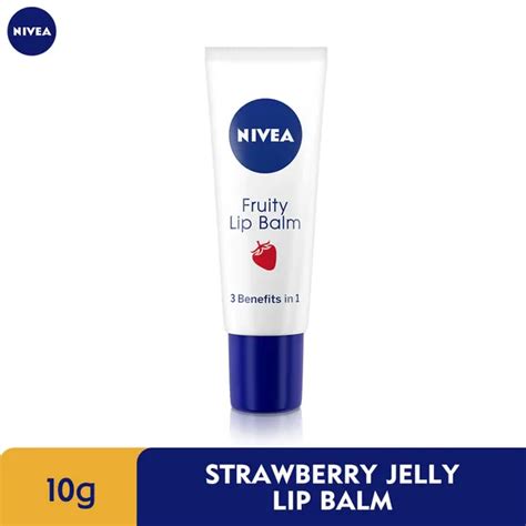 Close-up of the Nivea Fruity Shine lip balm packaging, highlighting the colored cap and white tube