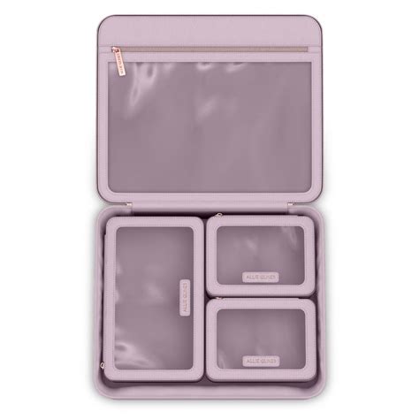 Infographic comparing the different sizes and compartment layouts of Allie Glines makeup bags