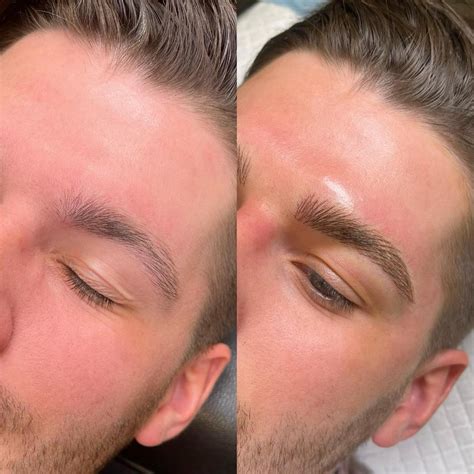A collage of before and after photos of men's microblading results, showcasing natural-looking fuller brows.