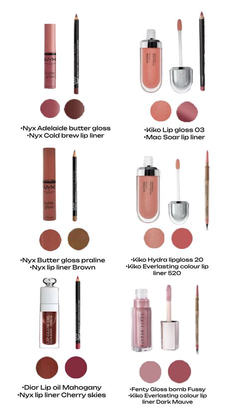 A flat lay of popular lip liners and glosses used in various lip combos.