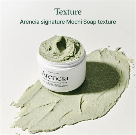Close-up of Arencia Fresh Green Rice Mochi Cleanser packaging and texture