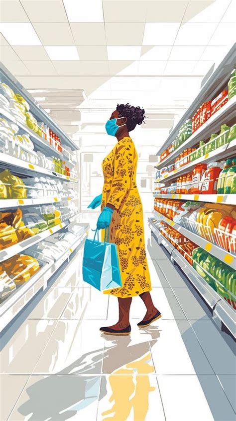 Illustration of a shopper selecting groceries in a supermarket aisle