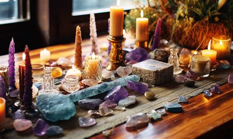 An altar decorated with crystals, candles, and plants, being tidied.