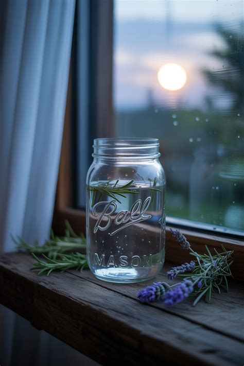 A glass jar of water sitting on a windowsill under a crescent moon.