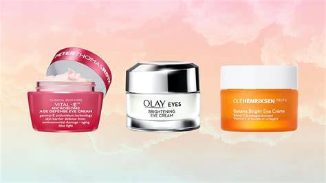 Collage of various eye cream products and tools for treating dark circles