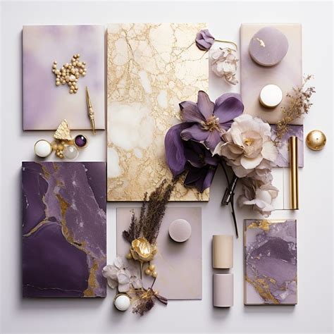 A mood board with images of amethyst crystals and purple makeup swatches.
