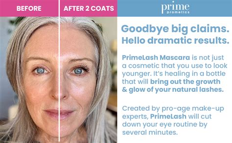 Infographic illustrating the benefits of PrimeLash mascara for mature lashes, such as increased length, volume, and lash health