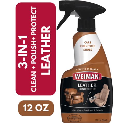 Image of Weiman Leather Cleaner & Conditioner bottle with clear labeling of its features.