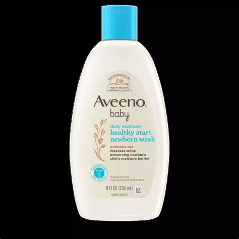 Illustration of Aveeno Baby Daily Moisture Wash & Shampoo bottle with lather and a calm baby.