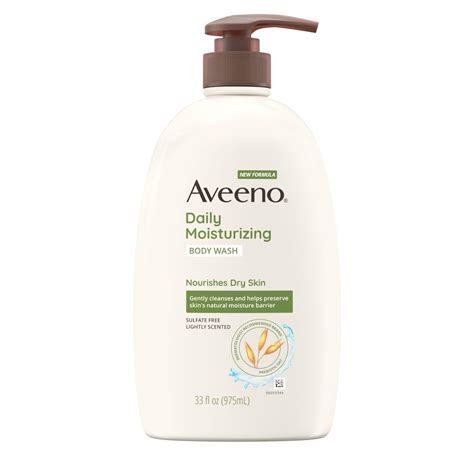 Image of Aveeno Daily Moisturizing Body Wash bottle alongside a person with smooth, hydrated skin.