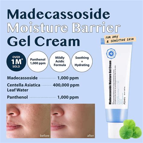 A graphic illustrating the key ingredients of the A'pieu Madecassoside Cica Gel and their benefits.