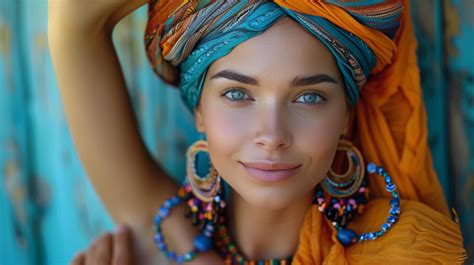 woman wearing a colorful headscarf from the Broadus Collection