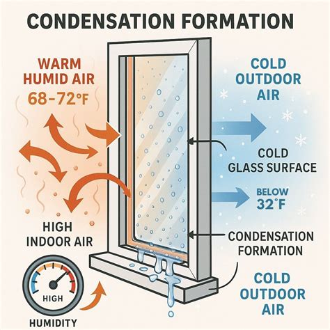 Diagram illustrating warm, humid air meeting a cold window surface, leading to condensation.
