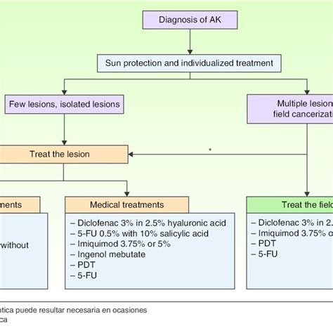 Flowchart illustrating the management algorithm for actinic keratosis or sunspots, including treatment options and dermatologist assessment.