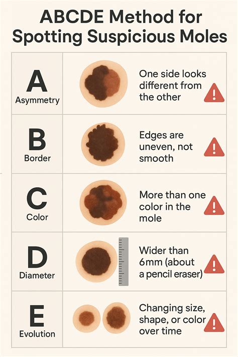 Illustration of the ABCDE rule for identifying suspicious moles