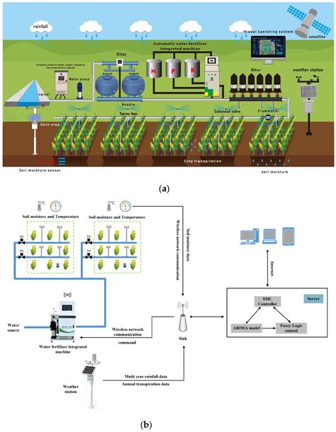 Infographic showing the connection between soil moisture sensors, irrigation controllers, and drip irrigation systems.