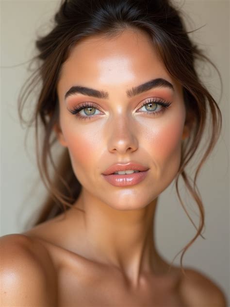 A model with a dewy makeup look, including a subtle lip color and glowing skin.