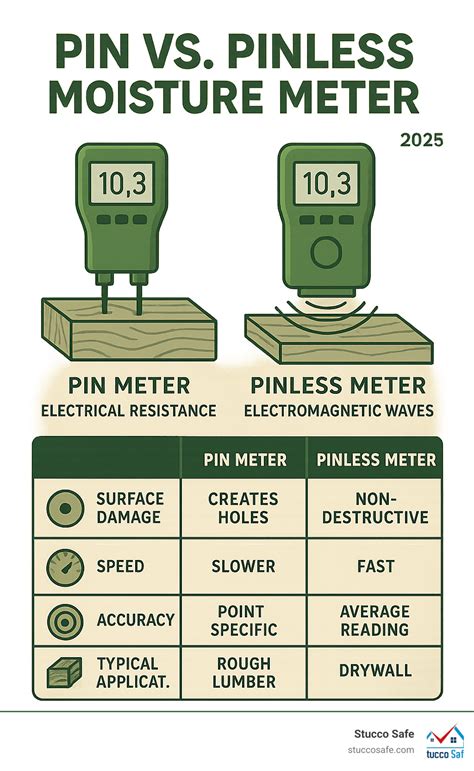Comparison graphic showing pin-type and pinless moisture meters.