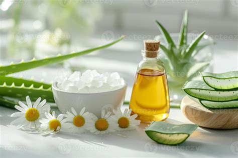 Close-up of natural ingredients like chamomile and aloe vera