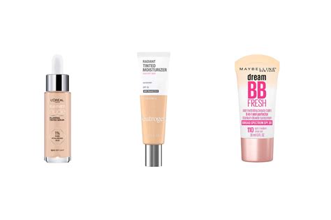 Collage comparing textures and finishes of various tinted moisturisers.