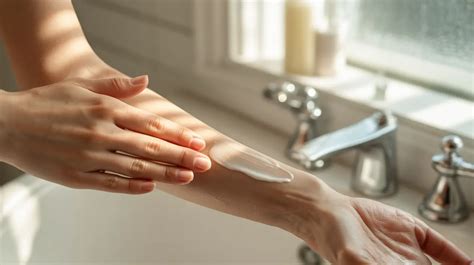 Image of someone applying a thick moisturizer to damp skin on their hands.