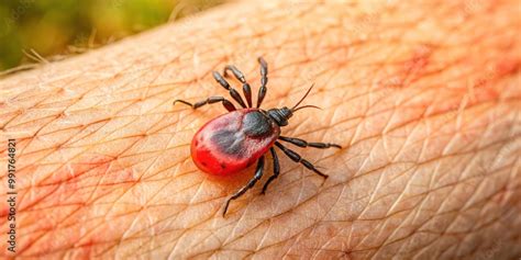 Close-up of a tick bite on skin, with a potential bullseye rash.