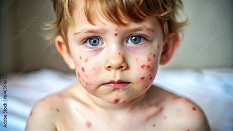 Child covered in chickenpox blisters in different stages of healing.